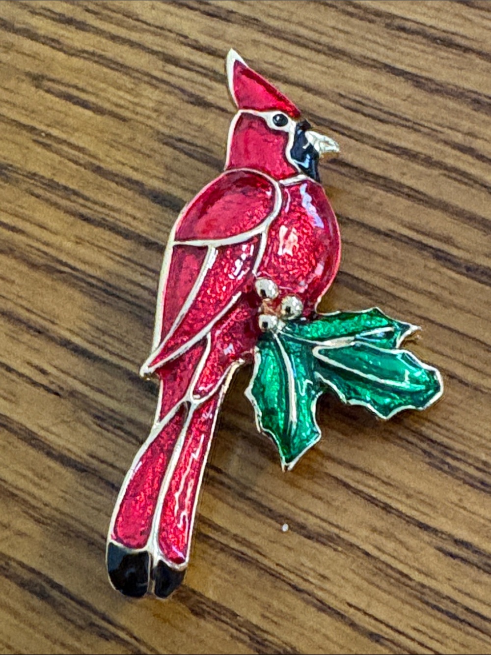 Cardinal Bird Enamel Brooch in Red and Green - Festive Women’s Jewelry